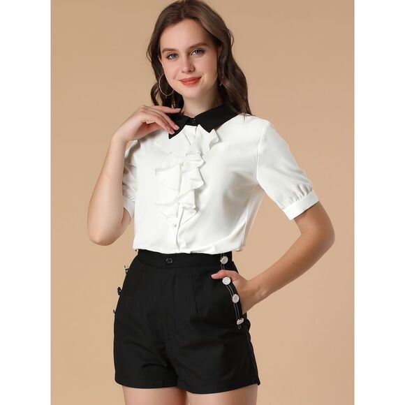 Women's Contrast Collar Tie Ruffle Front Button Short Sleeve Shirt White - Picture 3 of 6